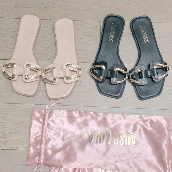 Jocha Stylish Summer Slide Sandals with Gold Accent Chain - Nude & Black - Picture 5 of 8